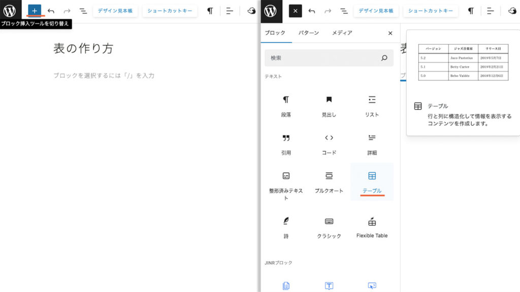 wordpressのテーブルブロックを追加する場所